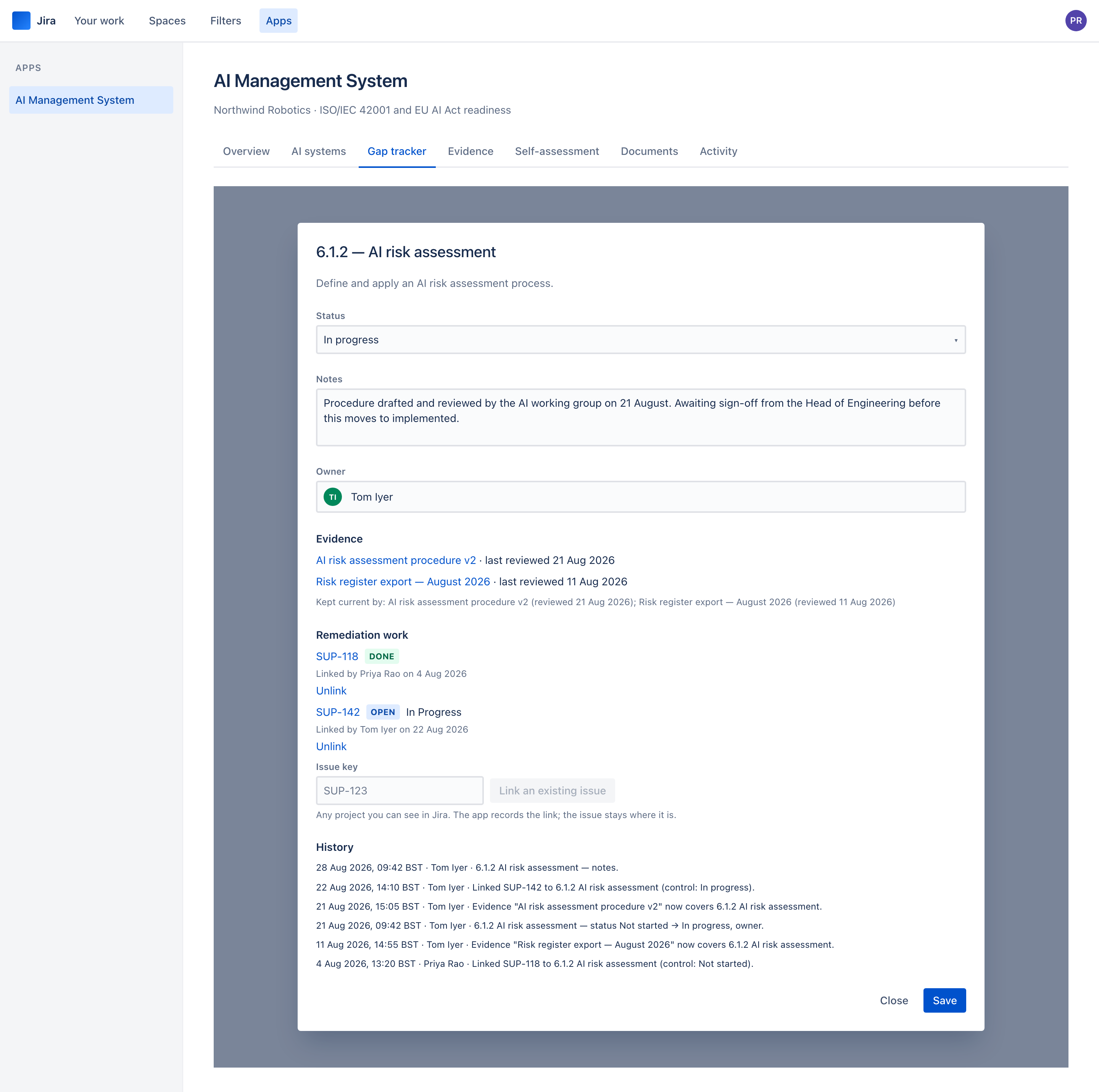 An ISO/IEC 42001 control with evidence records and their last-reviewed dates, a Remediation work section with one linked Jira issue, and history entries with dates and times.