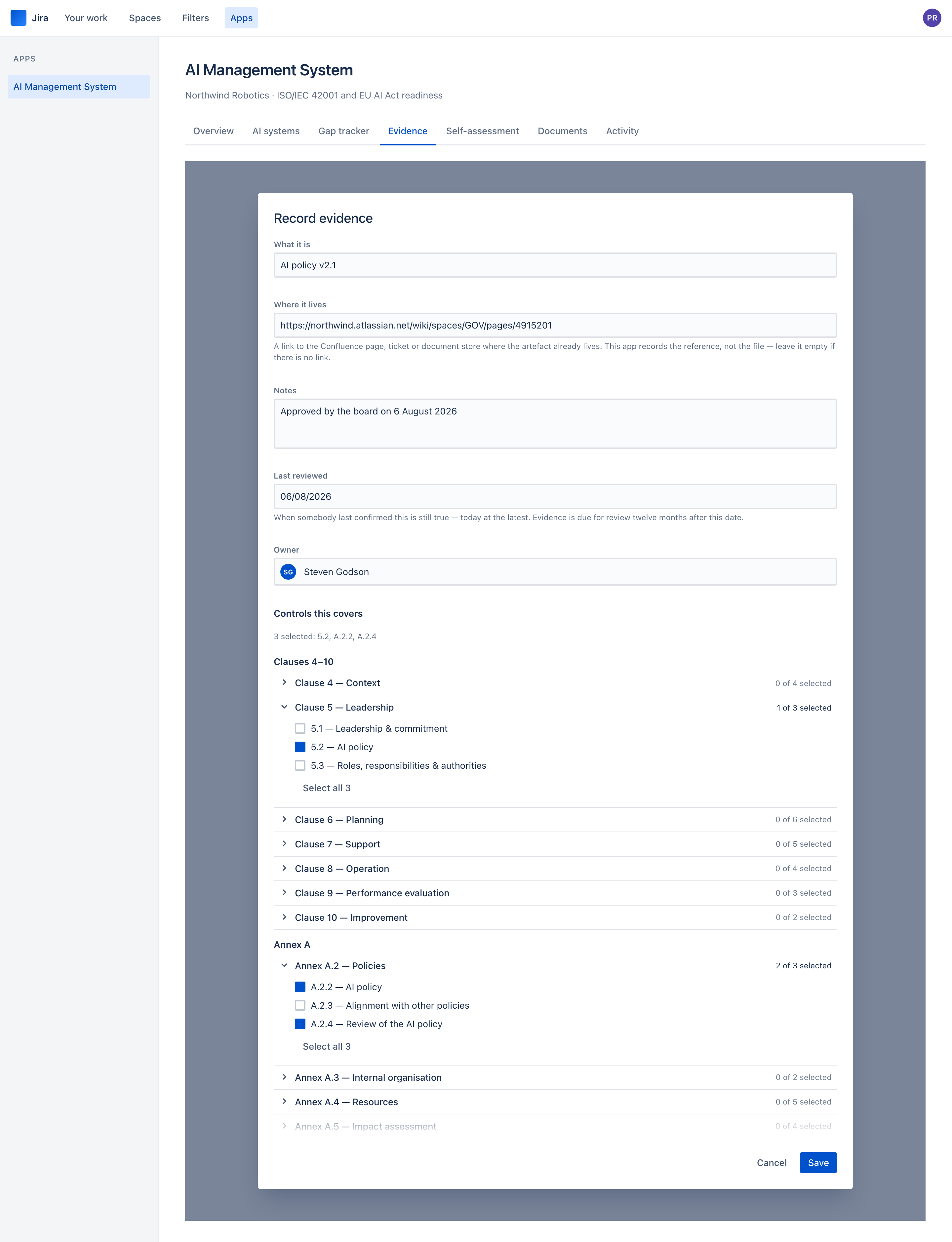 The evidence form with a link field and the controls it covers, grouped into sections that open and close.