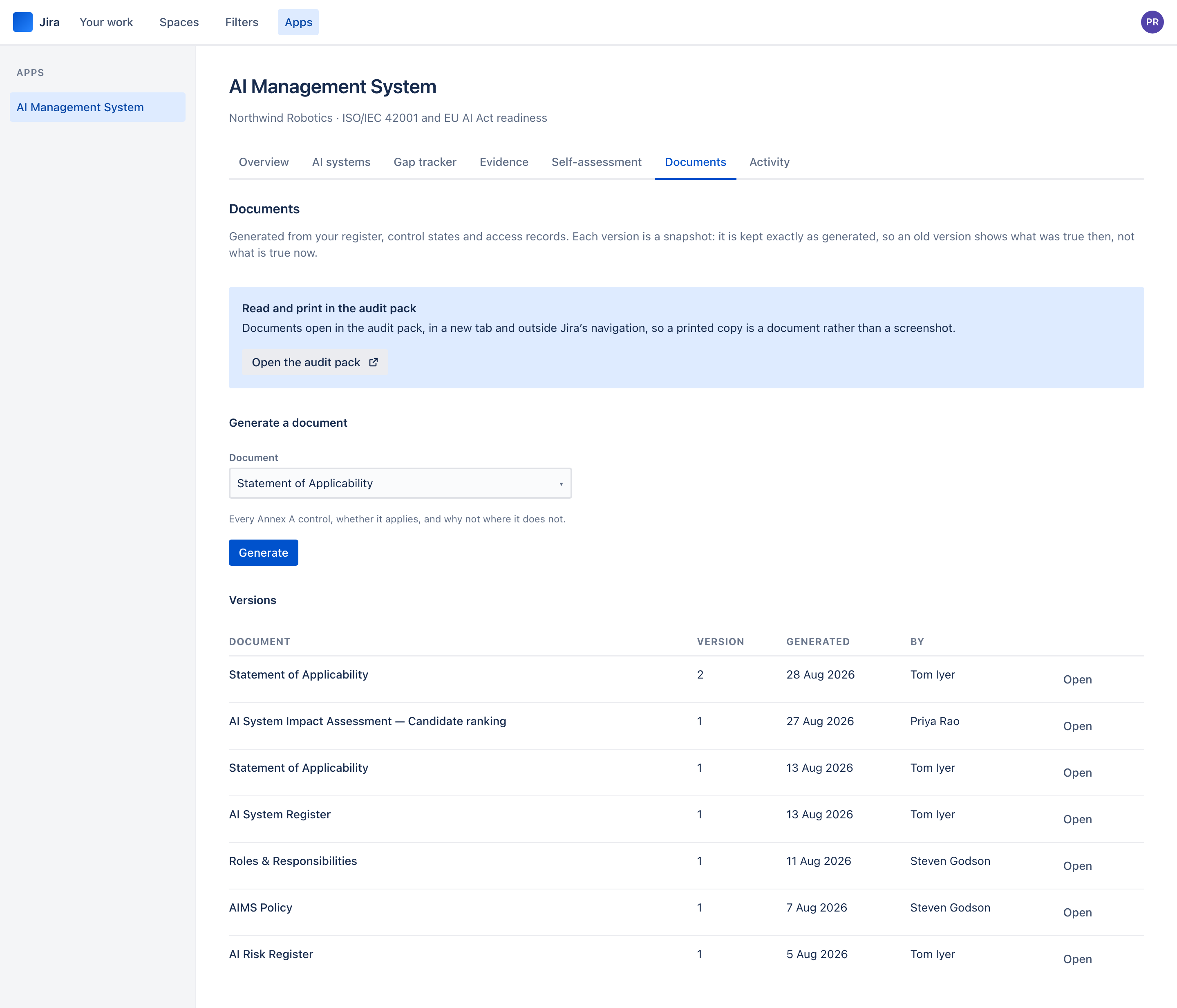 The Documents tab with a button to open the audit pack, a document selector, and a version table with an Open button on each row.