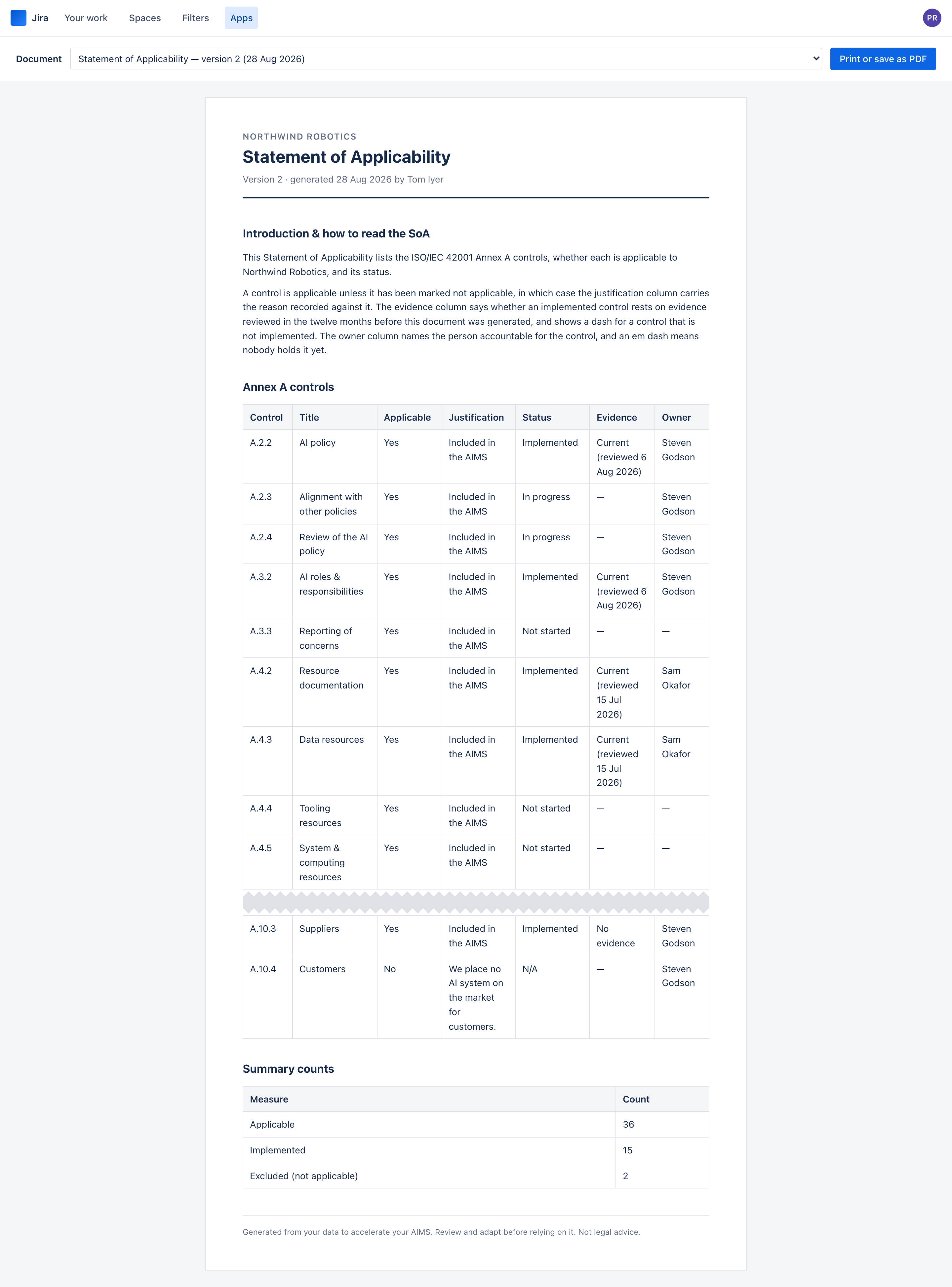 A printable Statement of Applicability with an Annex A control table whose columns are control, title, applicable, justification, status, evidence and owner.