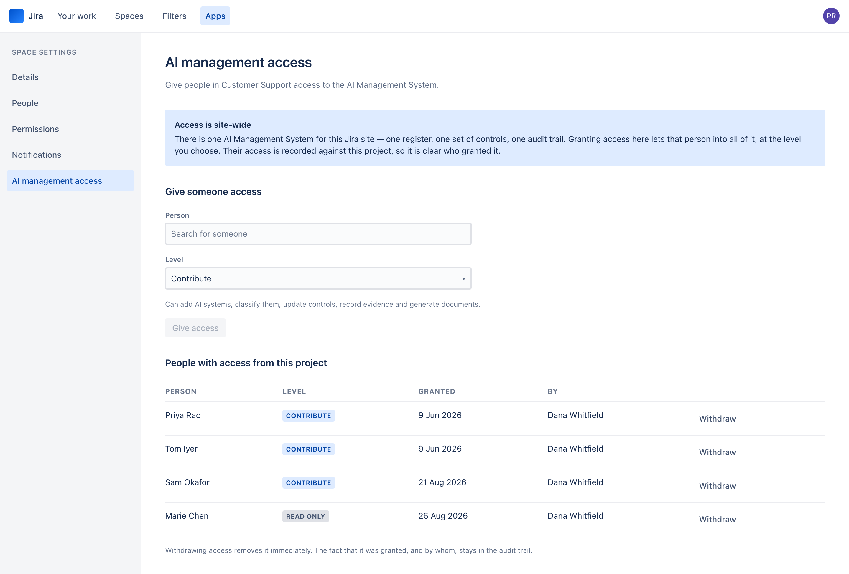 The project access page with a section message explaining access is site-wide, a person picker, a level selector and a table of four people with access.
