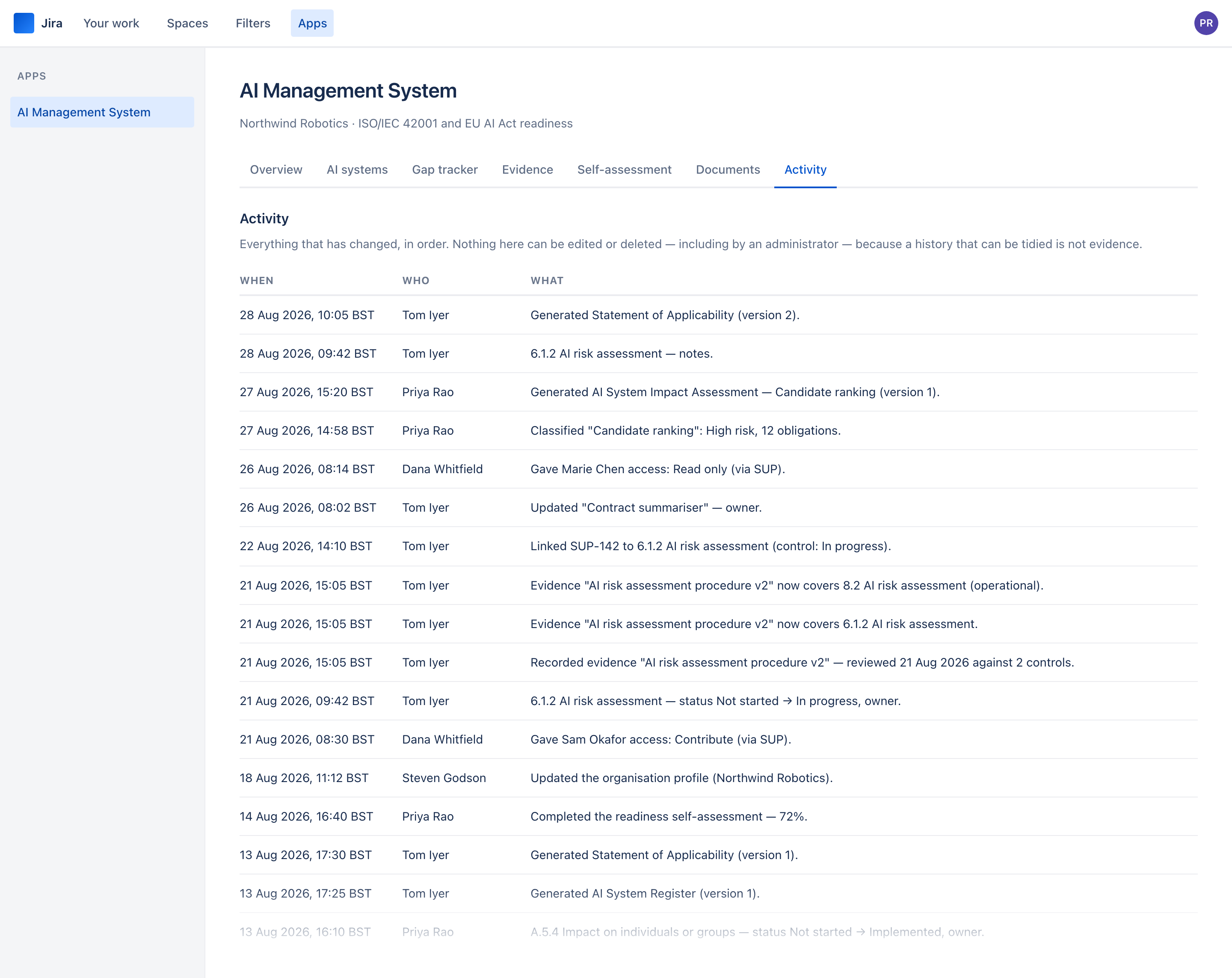 The activity feed with dated and timed entries, including a Jira issue linked to a control.